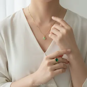 Calita Set Kalung Cincin Adjustable Titanium Wanita Perhiasan Hijau Emerald Elegan Aksesoris Kondangan Cantik Kirana Sellero