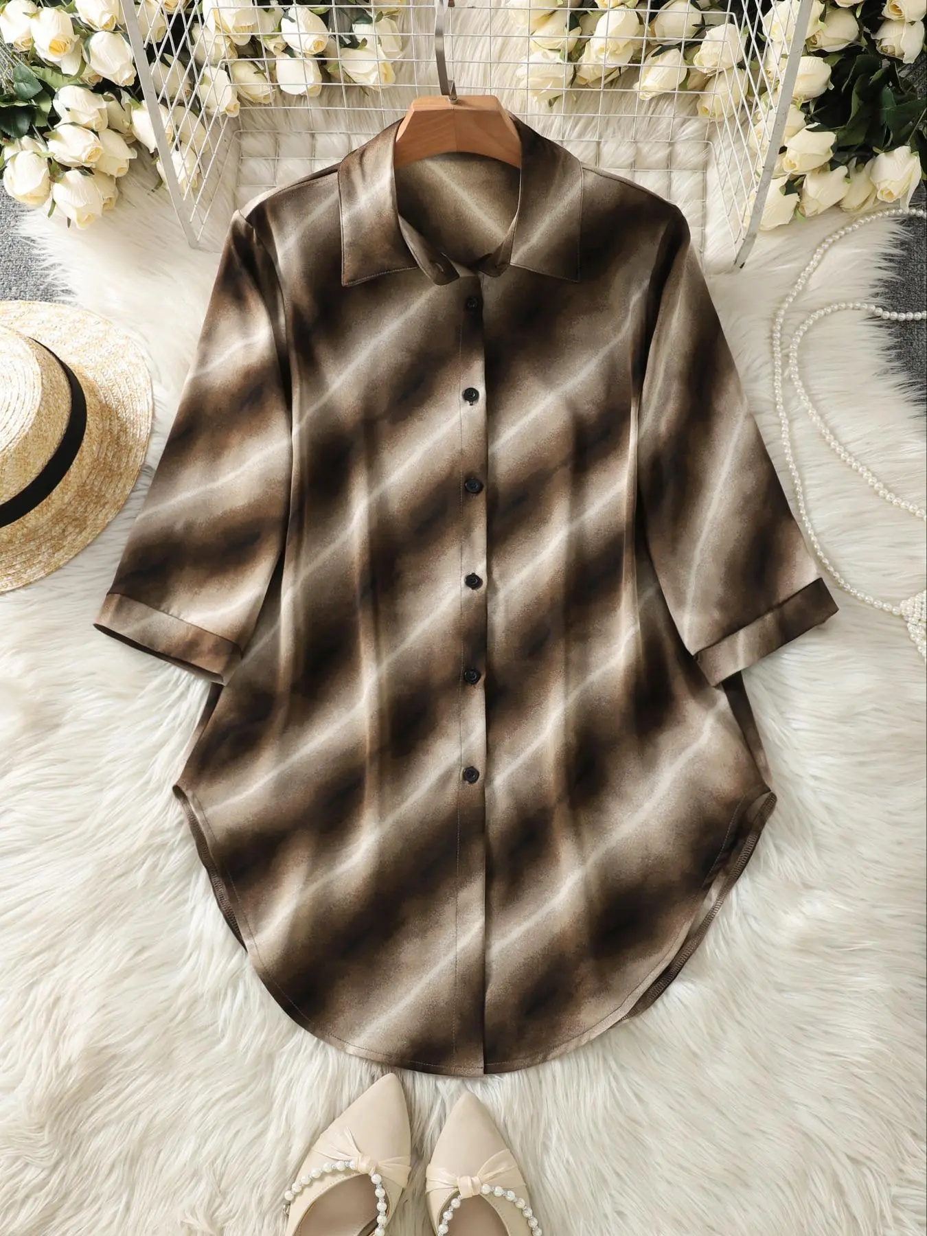 Women's Striped Print Curved Hem Chiffon Shirt, Casual Half Sleeve Button Front Top for Summer, Ladies Clothes for Daily Wear
