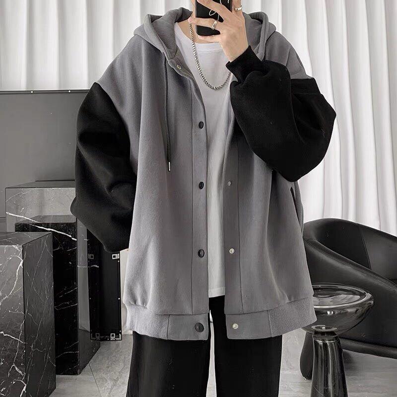 Áo Khoác Hoodie Nam Nữ Phối Hai Màu Nút Bấm THời Trang Sành Điệu Menswear Dài Tay Bò Top Đen