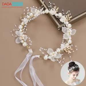 DADAWARD Headpiece Bunga Mutiara Princess Putih Mahkota Mutiara Aksesoris Rambut Hiasan Wanita Anak Berlian Kristal Dewasa Fashion Cantik jepit bunga jedai bunga kamboja Bayi Manik