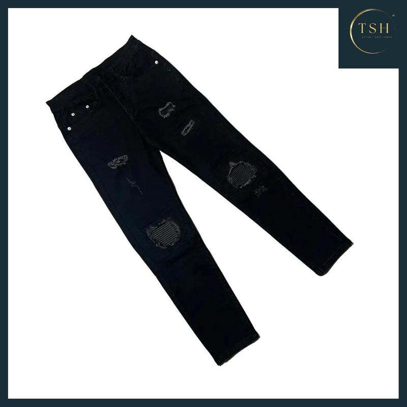 TSH - Mã Số QJN111 Quần jean nam vá da rách màu ĐEN có lót da trắng kiểu boy phố,chất liệu jean bò co giãn 4 chiều như hình chuẩn from dáng đủ size có nhiều mẫu mới dành cho nam HÌNH THẬT TỰ CHỤP Pants Menswear Có Túi