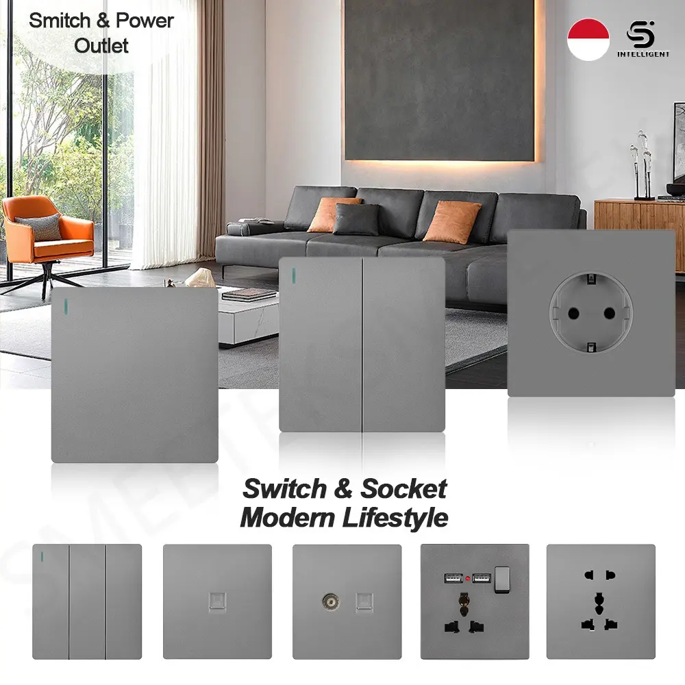 SOKOSA Saklar Lampu Push On SNI Stop Kontak Mewah Grey Abu Soket Listrik Kabel Socket Tembaga Elegan Tahan Api PC Kualitas Terbaik