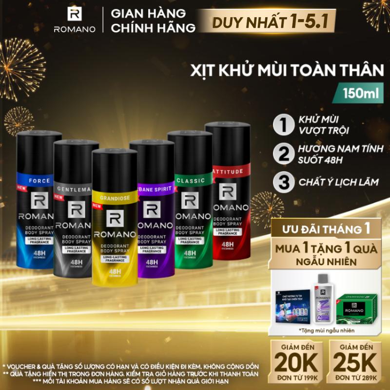   DUY NHẤT 1-5.1 Xịt khử mùi Dưỡng Thể cho nam Romano toàn thân ngăn mồ và mùi cơ thể 150ml - 10 mùi có sẵn 