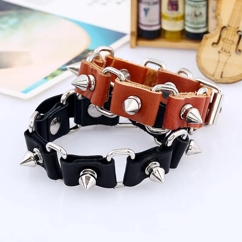 Ornament Simple New Rivets Cattle Leather Bracelet Personalized Punk Accessories Trendy Men's Motorcycle Leather Bracelet Adjustable Size