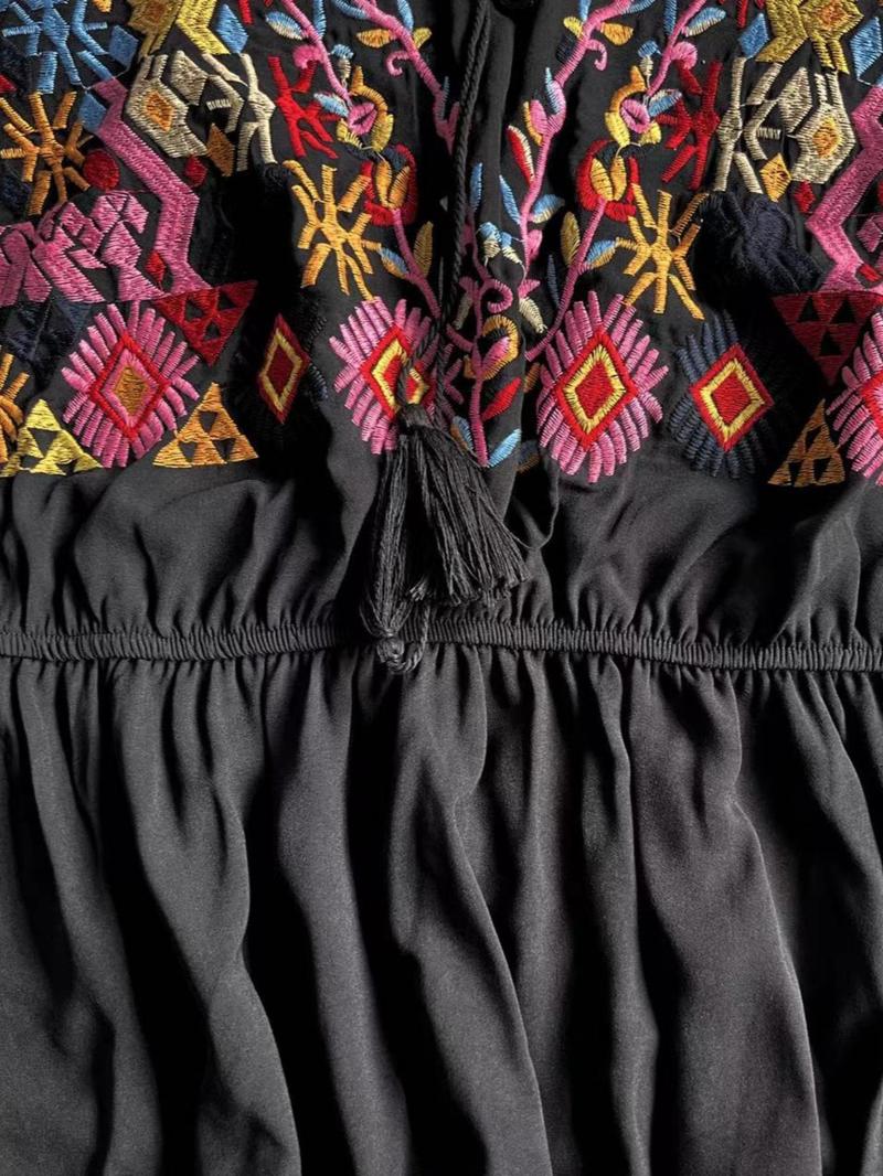 Product Introduction of Plus Size Ethnic Pattern Embroidery Fringe Dress, Plus Boho Tie Neck Long Dress for Summer Beach Vacation, Women's Plus Clothes for Daily Wear, Dresses Summer, Summer Dresses 2025 8