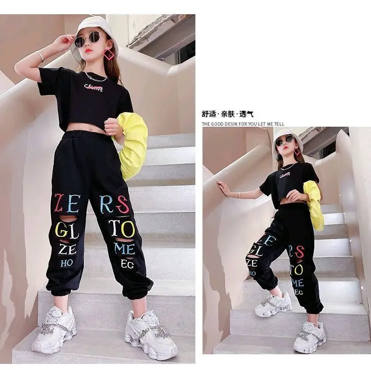 JS26 one set setelan anak perempuan atasan crop celana joger hiphop style / baju anak tanggung 1