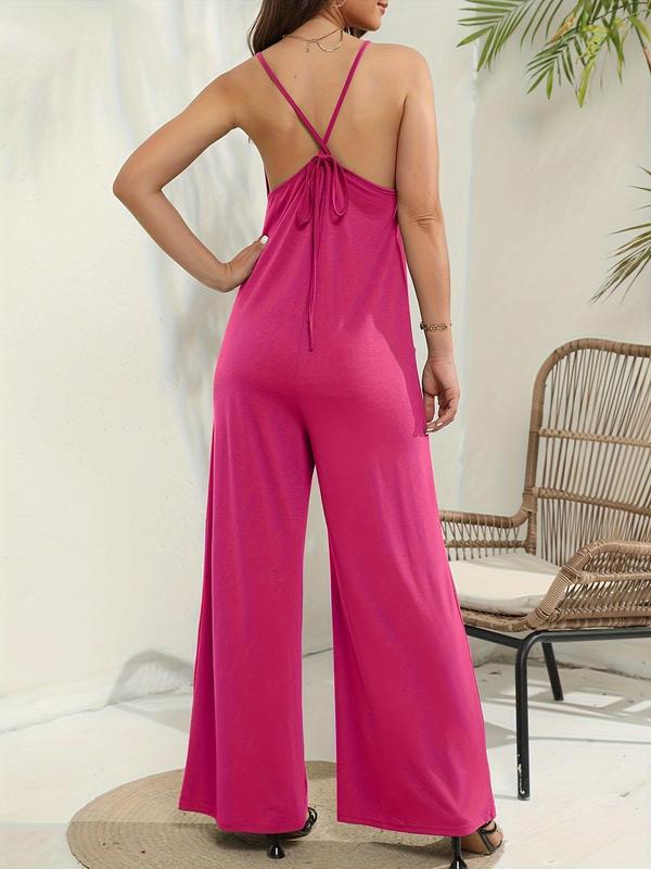 Women's Minimalist Plain Criss Cross Backless Cami Jumpsuit for Summer, Summer Clothes, Womenswear Basic Casual Sleeveless Pocket Wide Leg Jumpsuit for Lady Summer, Ladies Clothes for Daily Wear 4