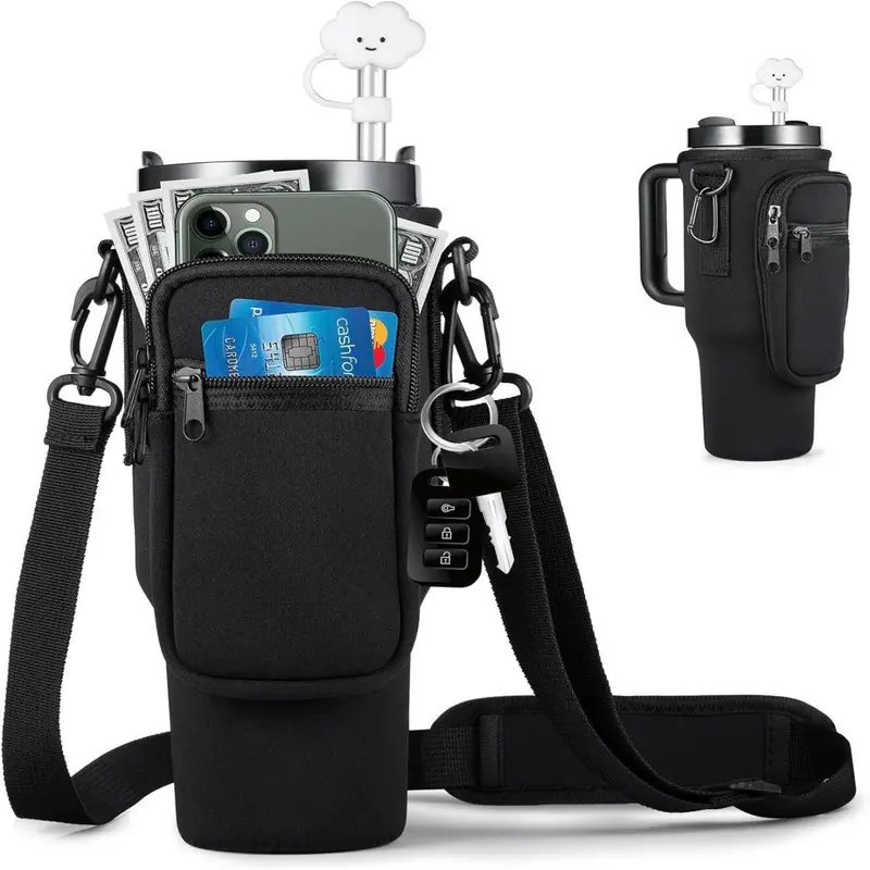 Water Bottle Carrier Bag, 1/2/4 Counts Tumbler Cups Holder with Shoulder Strap, Water Bottle Carrier with Phone Pouch for Hiking Camping [without Cup & Straw Cover] 0