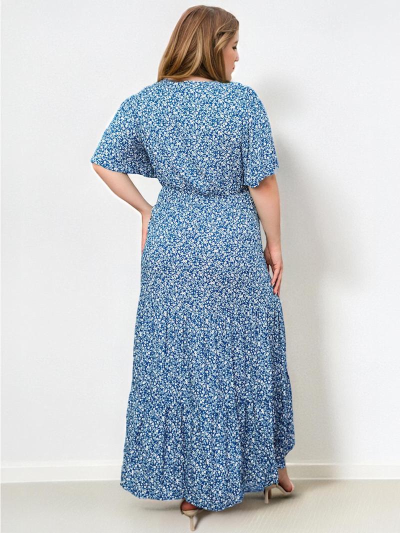 Product Introduction of 【Plus Size】 Ditsy Floral Print Round Neck Dress, Fashion Casual Short Sleeve Long Dress for Daily Holiday Vacation Wear, Women Plus Clothing for All Seasons 2