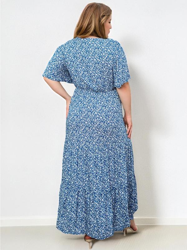 【Plus Size】 Ditsy Floral Print Round Neck Dress, Fashion Casual Short Sleeve Long Dress for Daily Holiday Vacation Wear, Women Plus Clothing for All Seasons 1