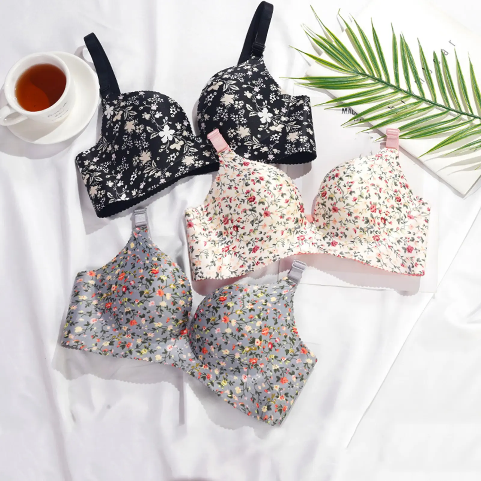 Mieeuo Bra Floral Print Seamless Women Push Up Padded Brassiere for Daily Wear