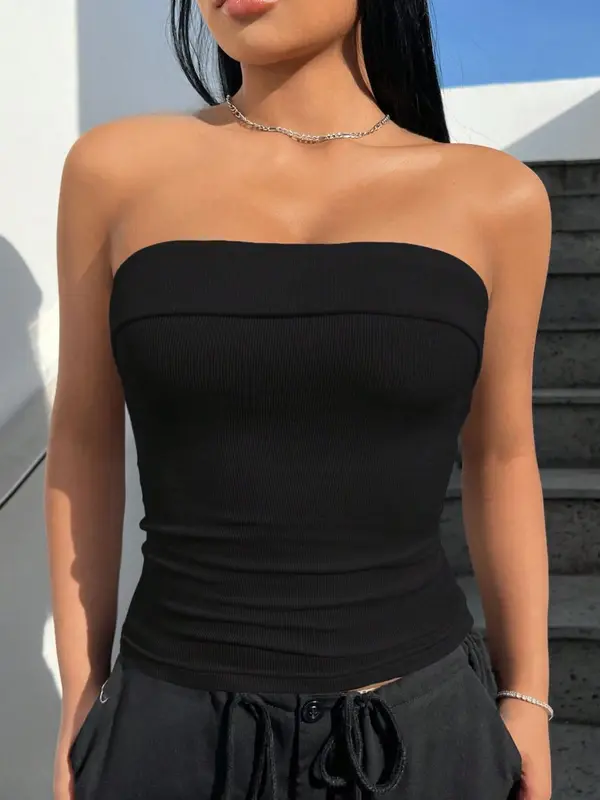 Women's Solid Backless Tube Top, Casual Strapless Ribbed Top, Ladies Summer Clothes for Daily Wear 3