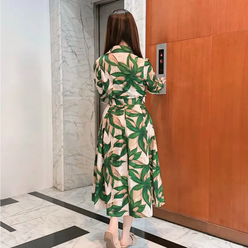 FADFAD Gaun Rok Panjang Sedang Lengan Panjang Bermotif Cantik Gaya Modis 4