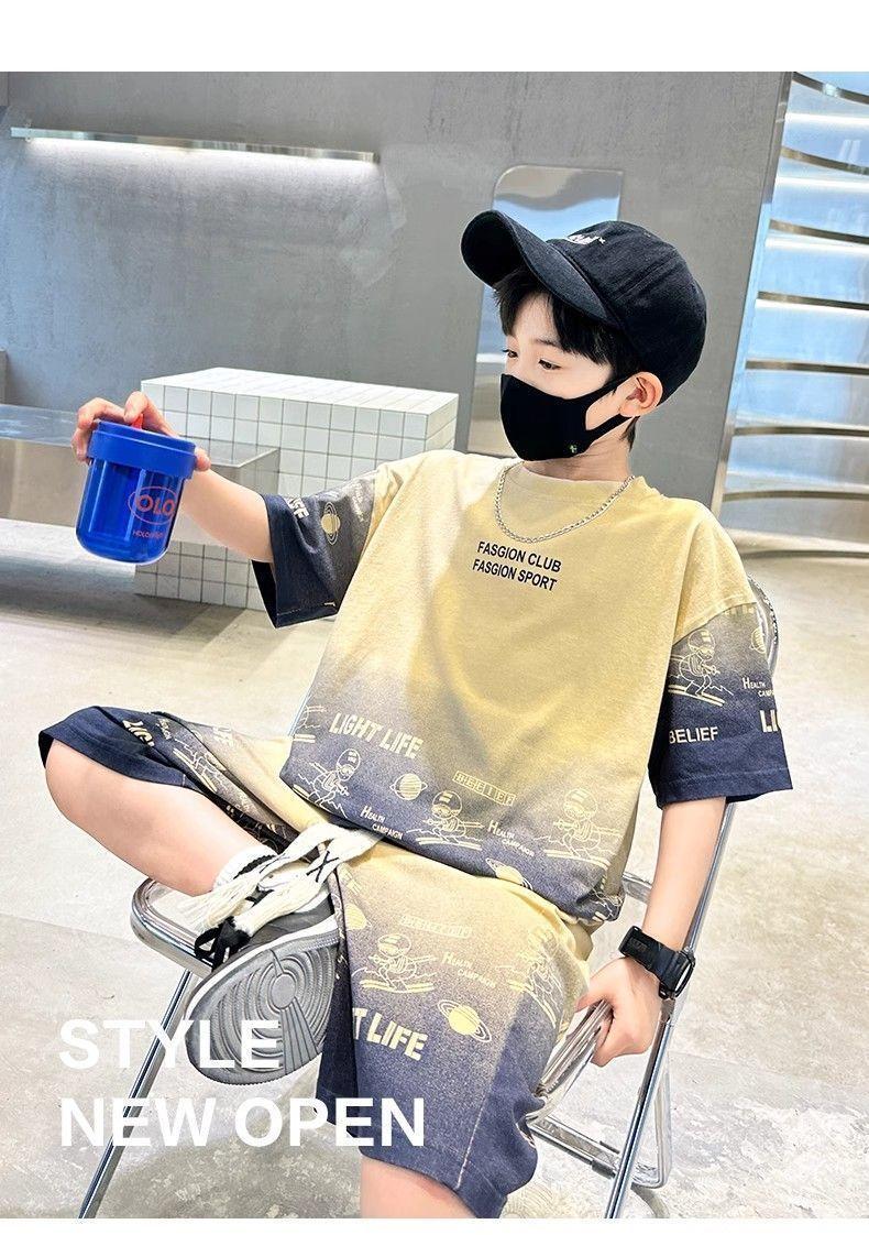 Product Introduction of Aesthetic Outfit BoysAesthetic Outfit Boys Brand Logo Outfit Boy Children'S Clothing Boys' Summer Short Sleeve T-Shirt Suit Summer Sports Knee Length Shorts Thin Medium And Large Boys Cool Handsome Tide 4