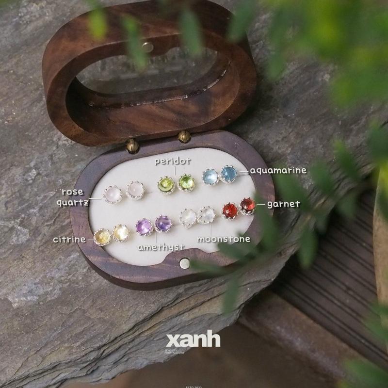 Khuyên tai Linh Lan đá moonstone garnet aquamarine amethyst thạch anh hồng mặt trăng thiên nhiên dáng vương miện đơn giản thanh lịch nữ tính - Xanh Jewelry moonstone ánh lửa