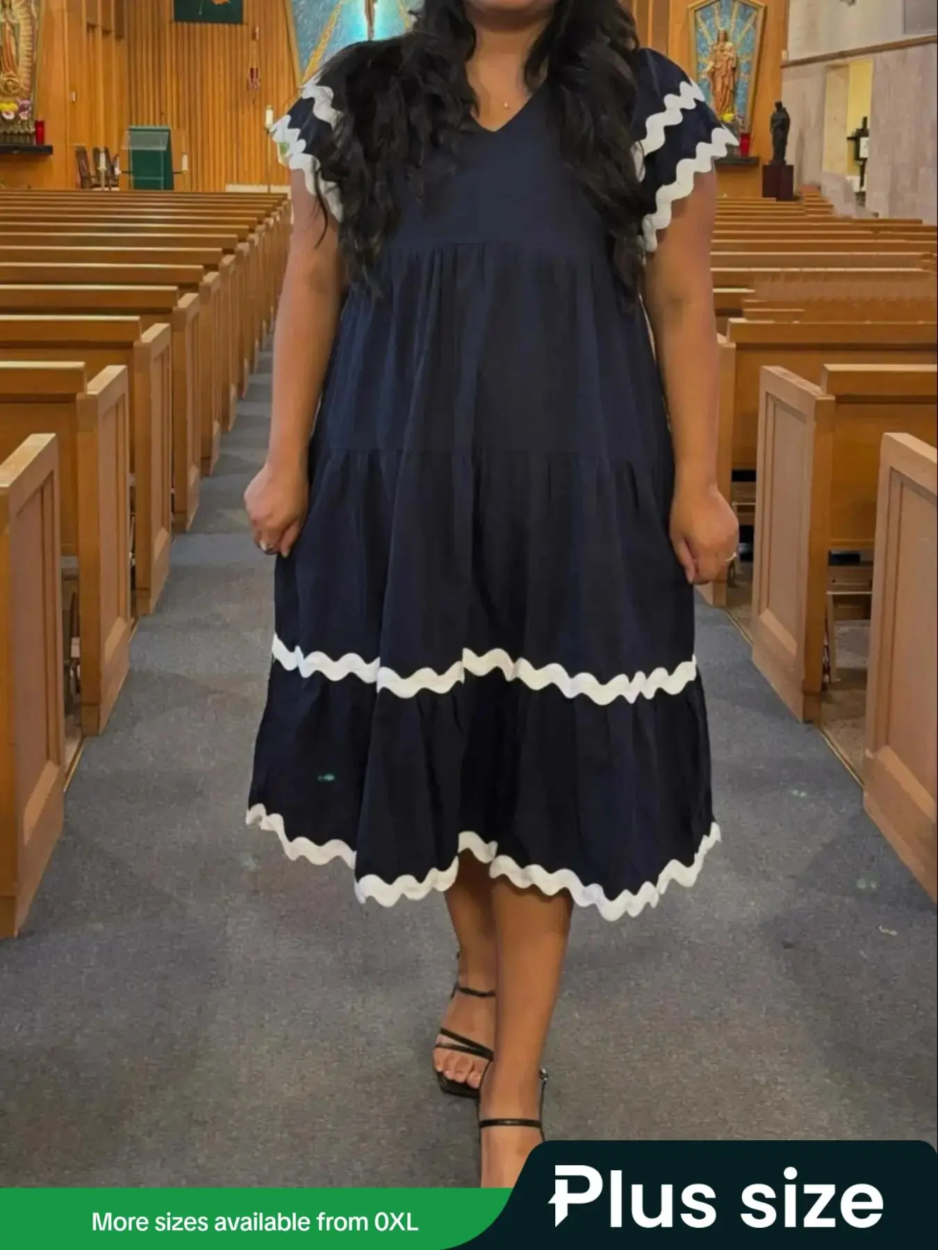 【Plus Size】 Colorblock Print V Neck Dress, Elegant Layered Hem Flutter Sleeve A Line Dress for Summer, Women's Clothing for Daily Wear, Plus Size Dresses