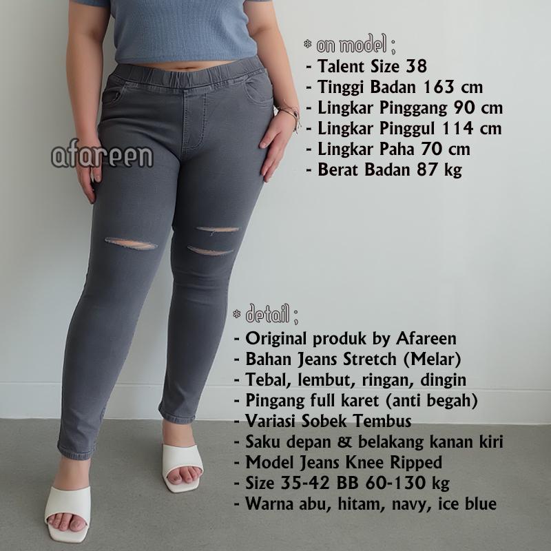 Afareen - Jeans Pinggang Karet Jumbo Ripped Celana Jeans Sobek Wanita Knee Legging Jeans Jumbo Size 31-43 2