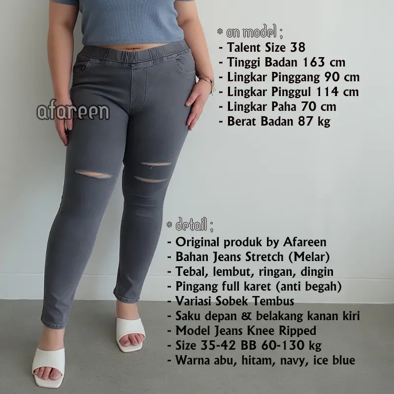 Afareen - Jeans Pinggang Karet Jumbo Ripped Celana Jeans Sobek Wanita Knee Legging Jeans Jumbo Size 31-43 1
