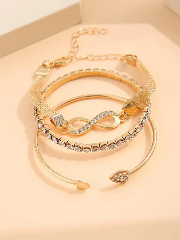 3pcs/set Women's Minimalist Elegant Rhinestone Decorated Heart Design Bracelets Bangle, Fashion Accessories for Party, All-match Fashion Jewelry for Daily Wear, Girls Birthday Gift, Valentine's Day, Gift, Bracelets Stack 7