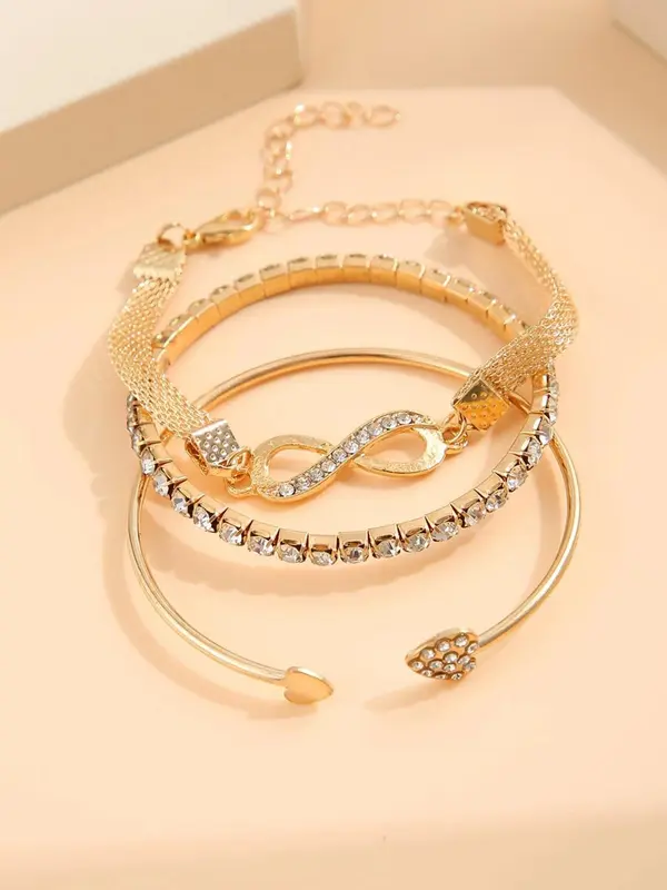 3pcs/set Women's Minimalist Elegant Rhinestone Decorated Heart Design Bracelets Bangle, Fashion Accessories for Party, All-match Fashion Jewelry for Daily Wear, Girls Birthday Gift, Valentine's Day, Gift, Bracelets Stack 7