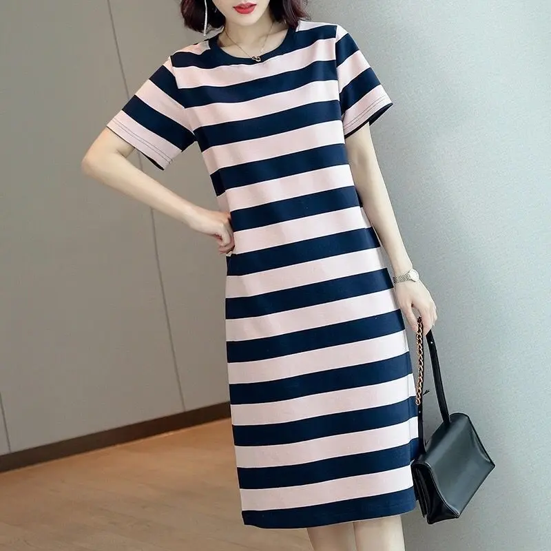 Striped Dress 2025 Summer New Korean Style Loose Slimming Mid-Length Over-the-Knee Short Sleeve T-Shirt for Women Casual Womenswear