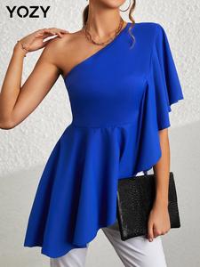 YOZY Women's Plain Asymmetrical Peplum Butterfly Sleeve Blouse, Elegant Short Sleeve One Shoulder Top for Spring & Fall, Women's Clothing for Daily Wear