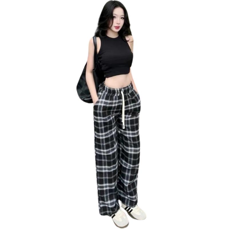 Quần dài Nữ kẻ sọc caro dáng suôn ống rộng Chất liệu vải thô mềm mịn