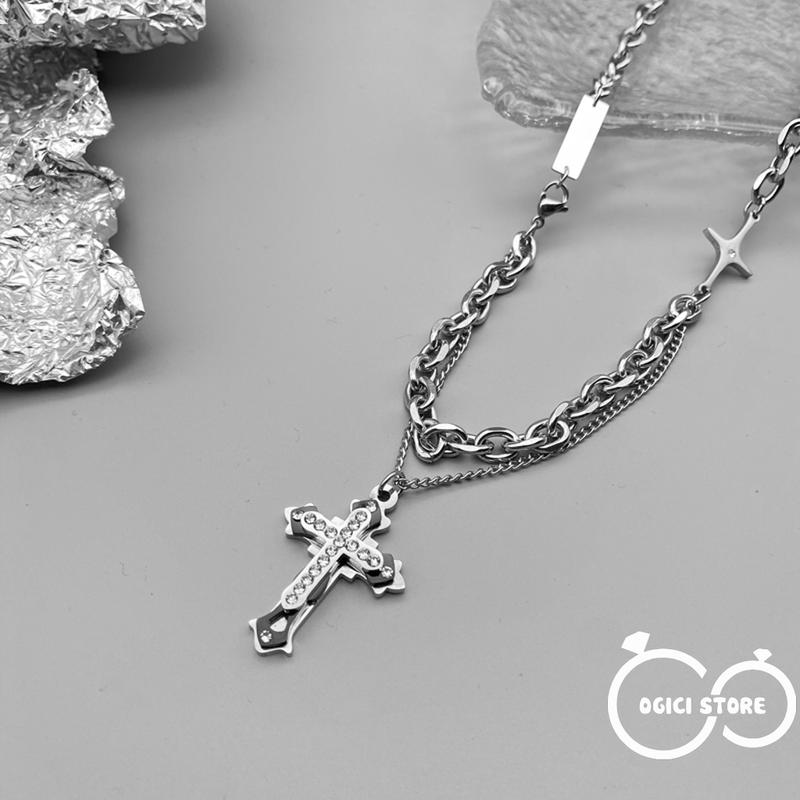 Dây chuyền chữ thập đính đá thời trang, Vòng cổ nam nữ chữ thập đính đá phong cách hiphop cá tính, Unisex Chain Trang Sức Jewelry