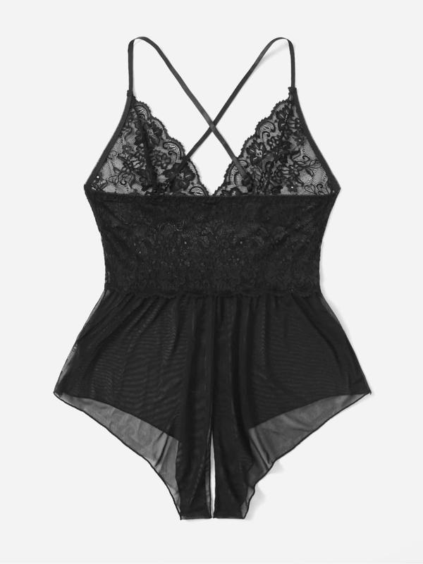 【Plus Size】 Contrast Lace Criss Cross Backless Cami Sexy Bodysuit Costumes, Solid Spaghetti Strap One-piece Sexy Costumes, Women's Sexy Lingerie for All Seasons, Naughty Lingerie 3