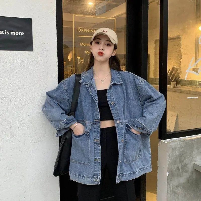 TOFASHIONS Denim Jacket Women Fashion Coat Loose Thin Big Size Big Pocket Retro Jean Jacket Top Long Sleeve Oversize Casual Denim Coat New