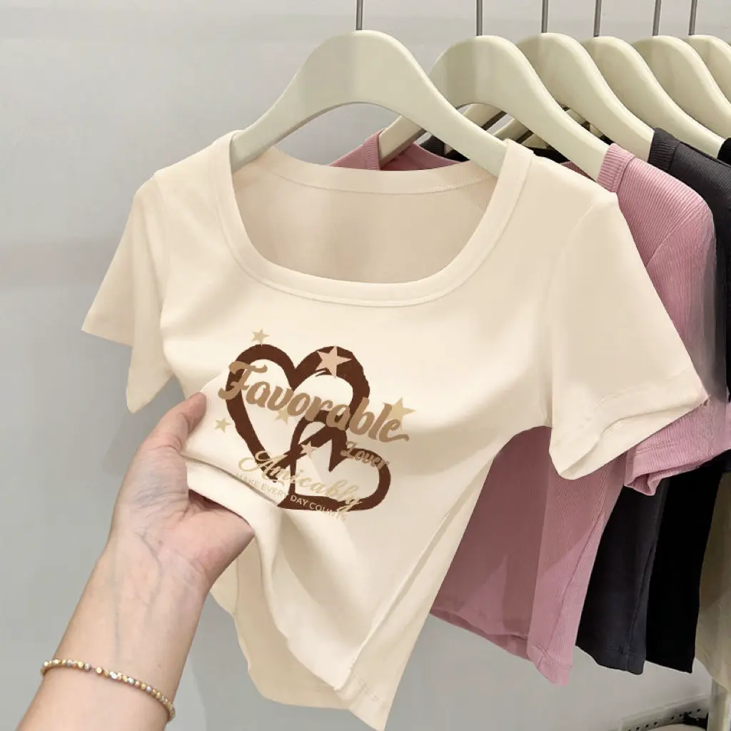 Áo Ngắn Tay, Cổ Vuông Ren, Áo Phông Đi Lại Hàn Quốc Phổ Biến Hàng Mới Về Mùa Hè Của Phụ Nữ, Phong Cách Dễ Thương Và Gợi Cảm, Áo Ngắn Cao Cấp