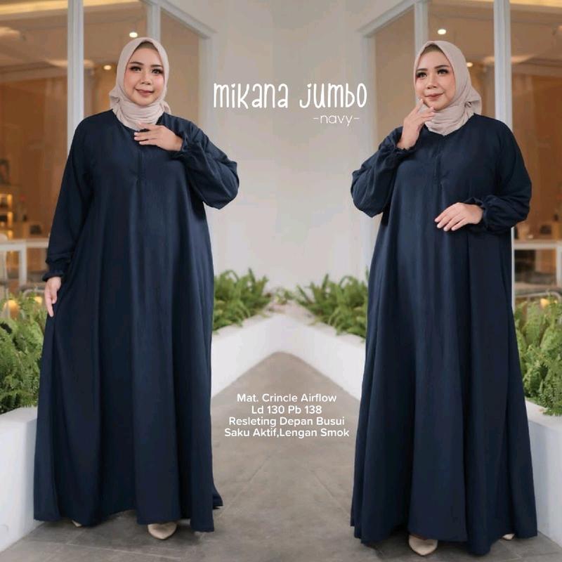 Gamis Mikana Jumbo Bahan Crinkle Airflow LD 130 PB 140 Busui Saku Aktif Lengan Smok Muat Bb 100 Kg Lembut Dingin 3