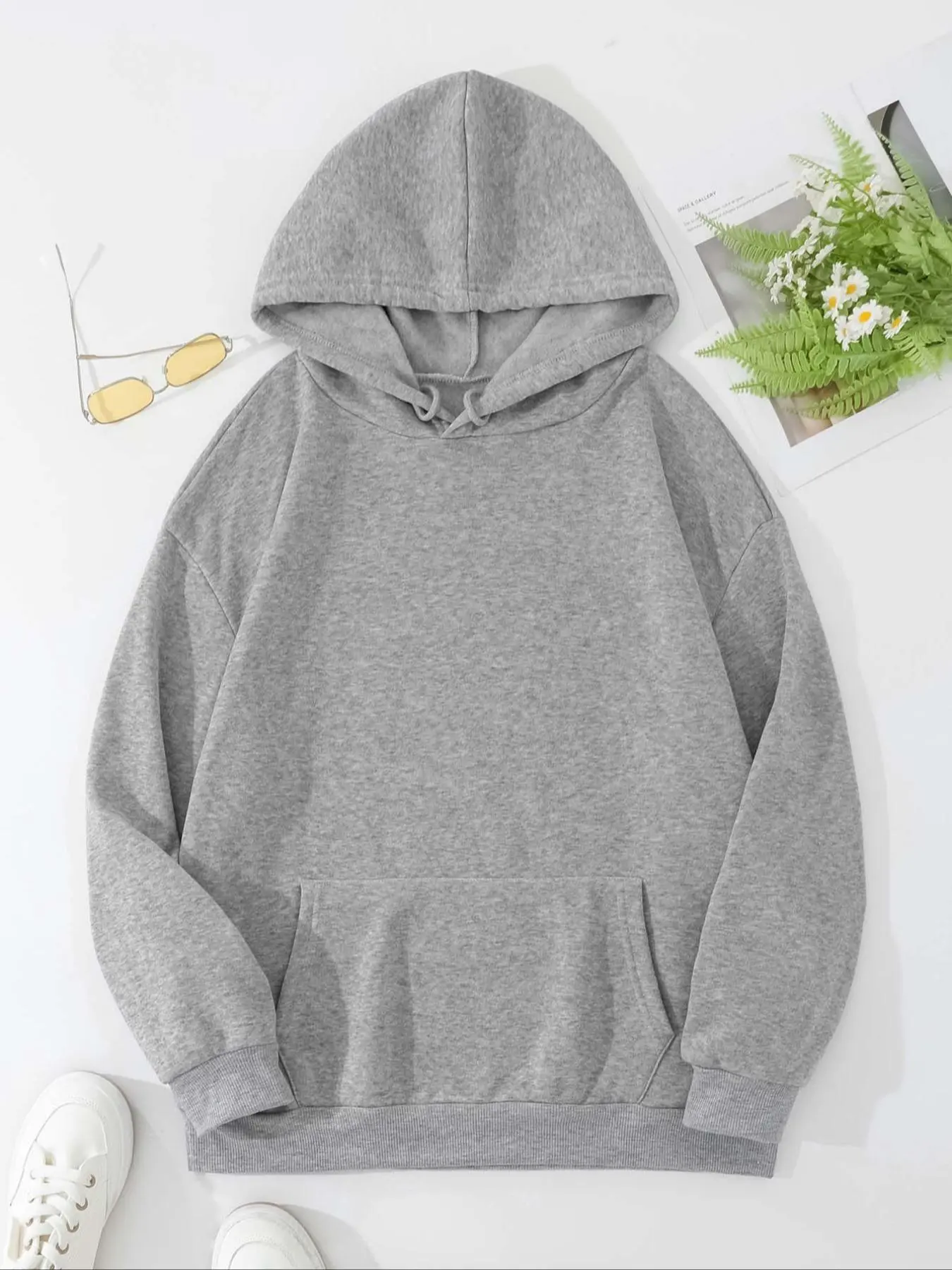Women's Plain Drawstring Drop Shoulder Hoodie, Casual Long Sleeve Kangaroo Pocket Hooded Sweatshirt for Fall & Winter, Women's Clothes for Daily Wear