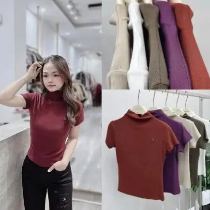 Áo thun tăm tay ngắn cổ 3 phân bazic cực xinh