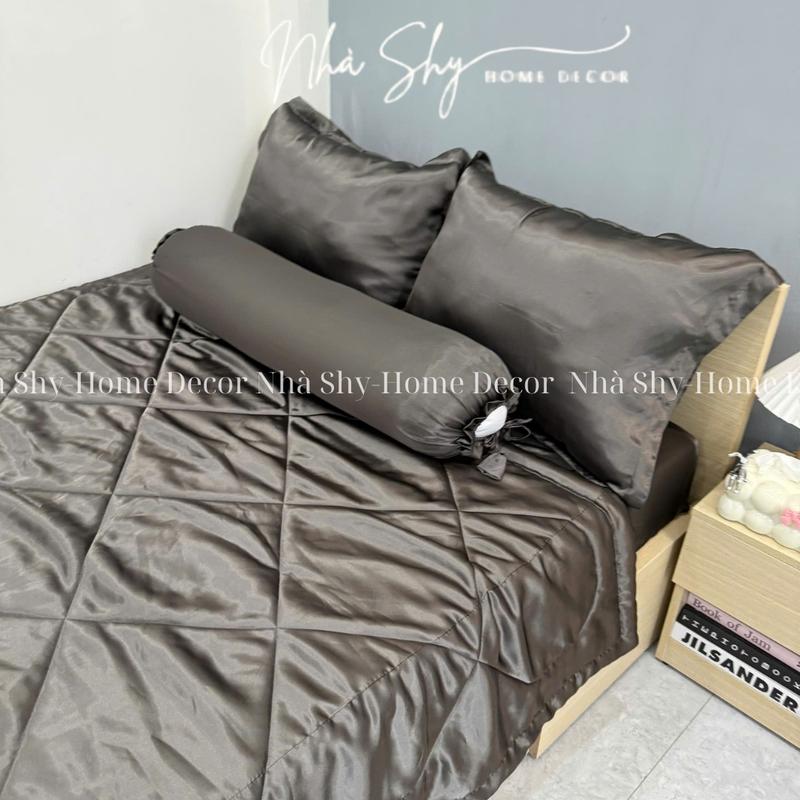 Bộ Chăn Gra Phi Lụa 5 Món Màu Xám Đậm - Set 4 món không mền set 5 món có mền - Nhà Shy