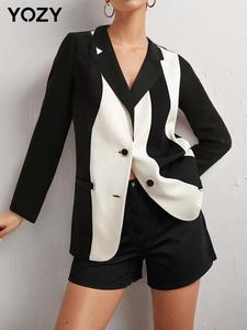 YOZY Women's Colorblock Button Front Lapel Blazer, Elegant Long Sleeve Outerwear for Work Office Business, Ladies Fall & Winter Clothes