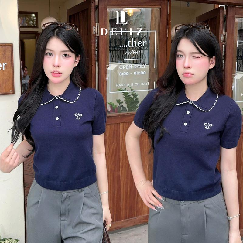 DELIZ - Áo len cổ sen thêu nơ ngắn tay nữ tiểu thư tone màu xanh than - PL20