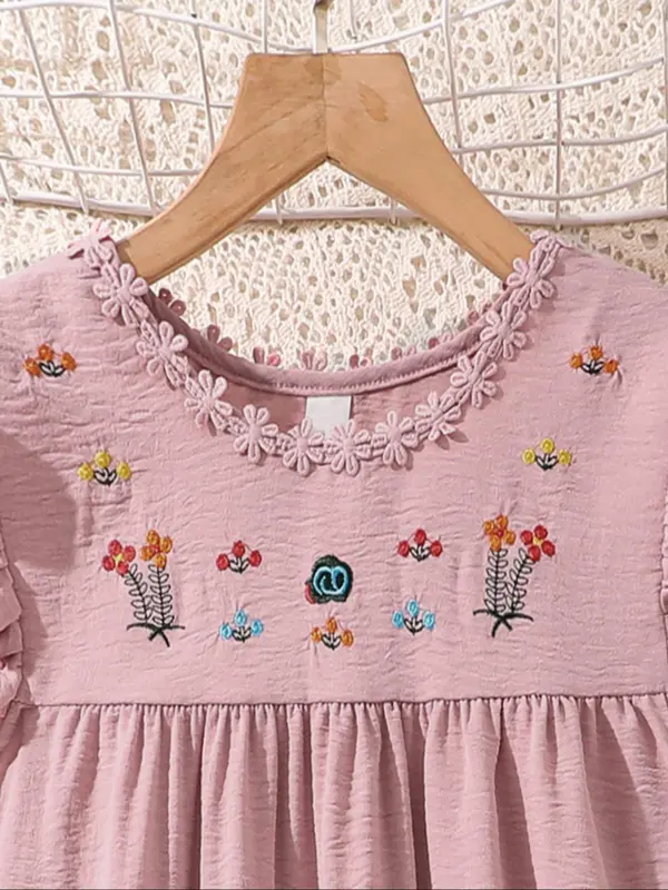 Girl's Floral Embroidery Ruffle Trim Dress, Cute Casual Short Sleeve A Line Dress for Summer, Kids Clothes for Daily Wear 2