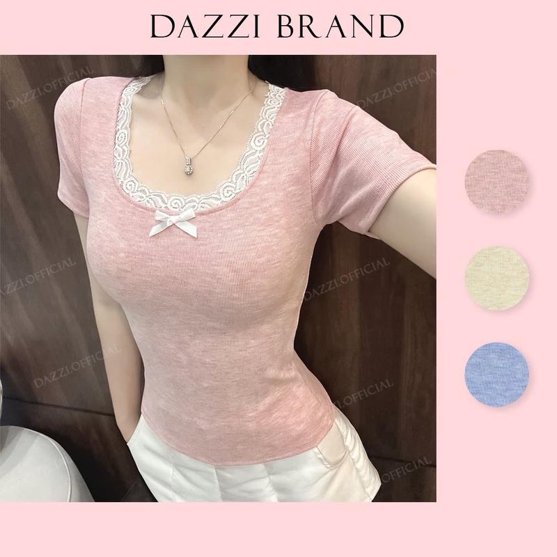 Áo thun nữ DAZZI dáng ôm babytee viền ren nơ chất len tăm mịn mát Women