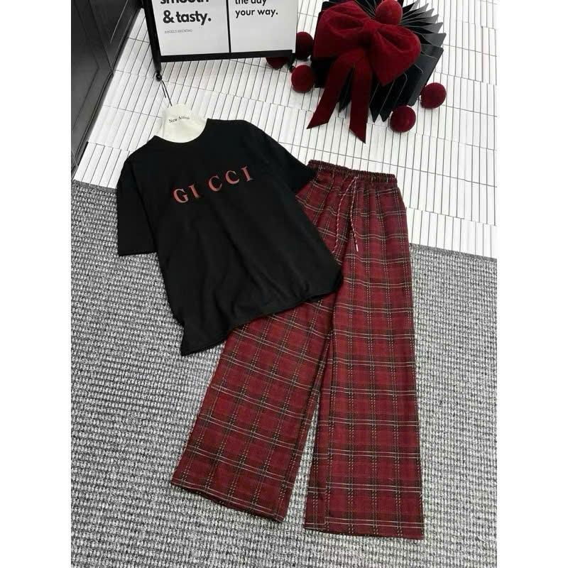Set Bộ Áo Thun Nam Nữ Unisex In chữ GU Phối Quần Ống Rộng Phom Rộng Tay Lỡ Ong Top Women Cổ Tròn 5