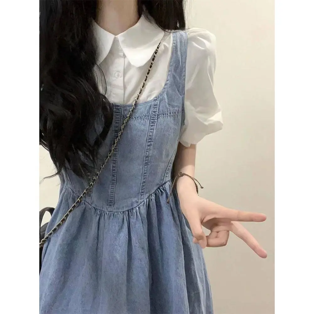 Váy Hai Dây Denim Phong Cách Preppy Phong Cách Hồng Kông, Bộ Hai Mảnh / Bộ Đồ, Phong Cách Trẻ Trung, Váy Nữ Sinh, Áo Sơ Mi ngắn Tay Mùa Hè, Thích Hợp Cho Học Sinh