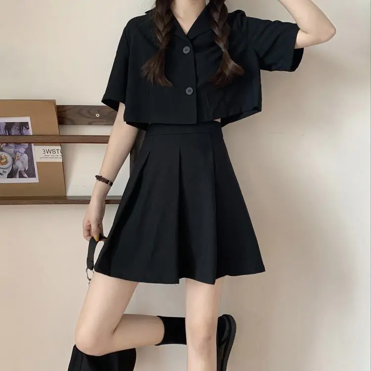Summer Korean Style Elegant Outfit Short Top Loose Small Suit Suit High Waist Pleated Skirt College Style Two-Piece Suit Clothing Womenswear Bear Lingerie Women Comfort Basic Short Sleeve Minimalist