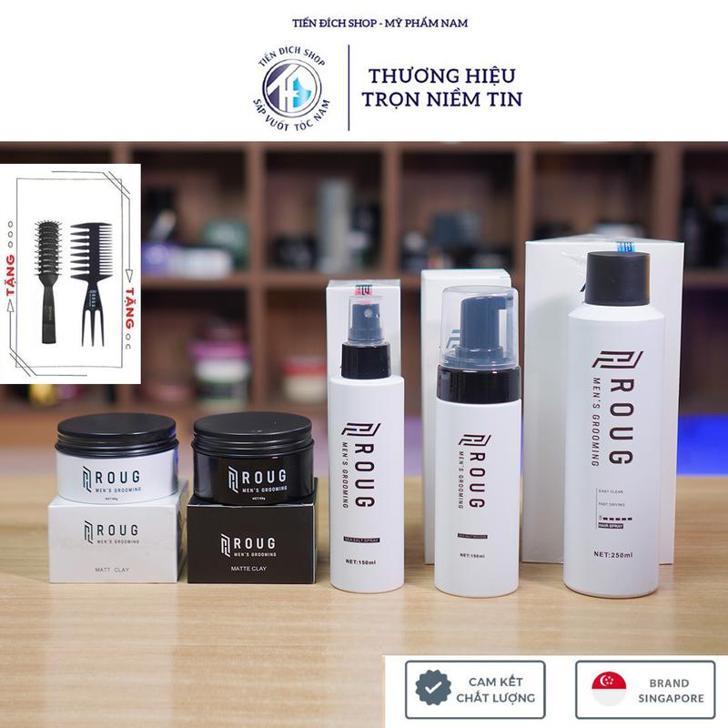 ROUG MENS GROOMING - Sáp vuốt tóc Matt Clay 90gr, Matte Clay 90gr,  Gôm xịt tóc Hair Spray 250ml, Xịt tạo phồng Roug Sea Salt Spray và Bọt tạo kiểu phồng Roug Mousse 150ml + Tặng lược sấy tóc Chaoba và Lược Texture Chăm Sóc Tóc Dưỡng Tóc