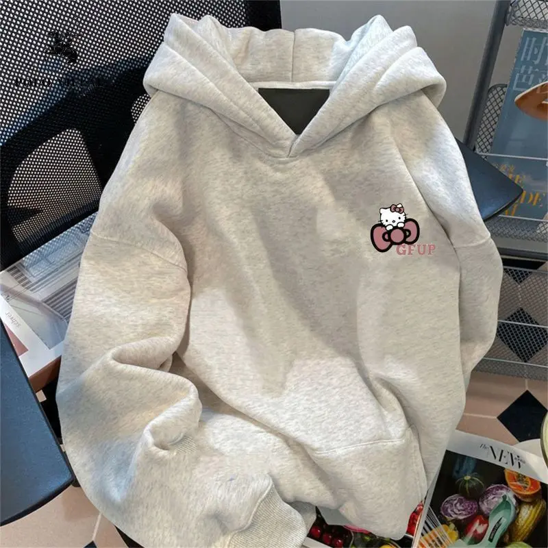 Áo Len Hello Kitty, Phong Cách Đại Học Ngầu Ngọt Ngào Có Mũ Trùm Đầu, Dành Cho Nữ, Mùa Thu Và Mùa Đông, Lót Lông Cừu, Dopamine Dáng Rộng Vừa Vặn, Áo Mèo Kitty 2