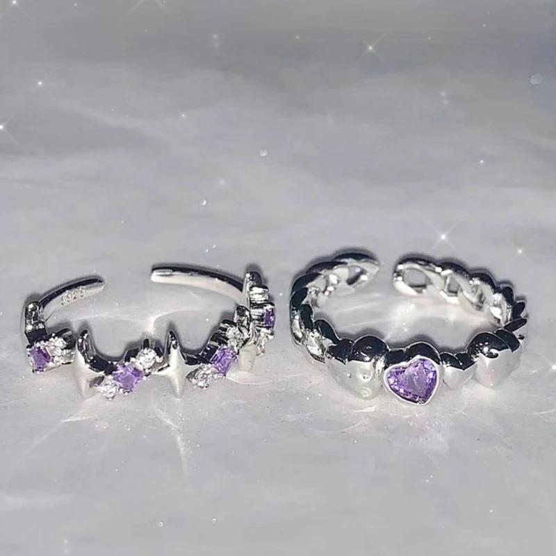 Product Introduction of New Fashion Shiny Purple Rhinestone Opening Couple Rings for Women Men Vintage Crystal Star Adjustable Ring Lover Simple and Versatile 1