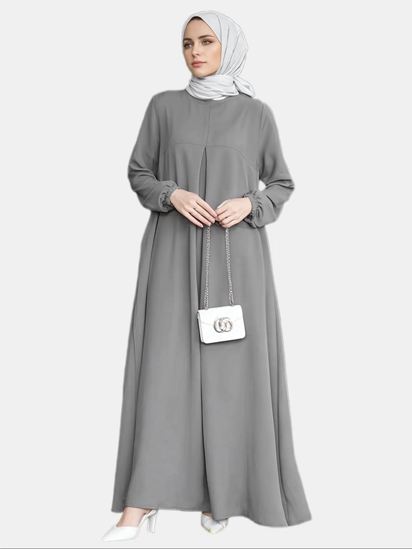 Women's Plain Plicated Zipper Bishop Sleeve Dress without Hijab, Modest Long Sleeve Round Neck Maxi Dress for Daily Wear, Year-round Dresses, Ladies Clothes for All Seasons
