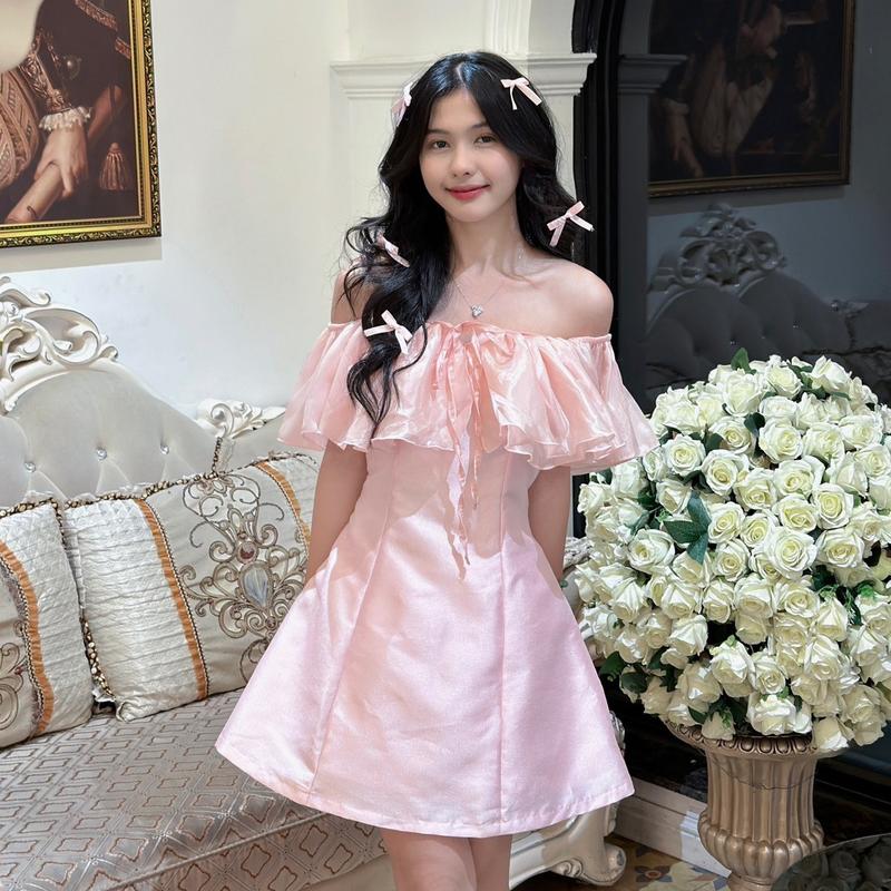 Loại 1 Đầm trễ vai tafta kim tuyến bèo organza FREESHIP lấp lánh mặc dự tiệc sinh nhật kỉ yếu Nữ Women Dress damvay thoi trang váy hồng pastel