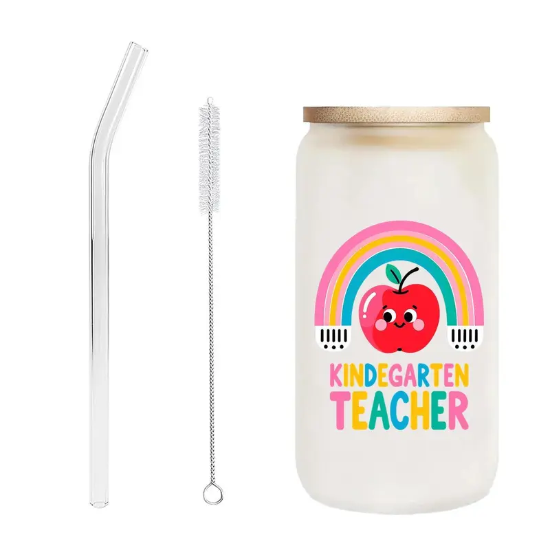 16oz Glass Cup with Straw & Brush, 1 Count Cute Cartoon Pattern Glass Cup, Drinking Cup for Home Office School, Gift for Kindergarten Teacher, Drinkware 0