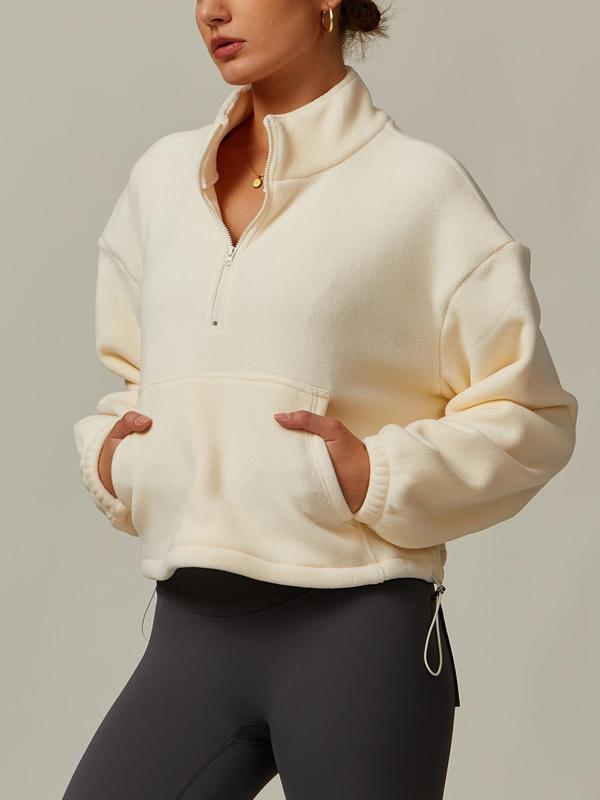 Women's Solid Zip Up Drop Shoulder Polar Fleece Sports Sweatshirt, Casual Long Sleeve Stand Collar Pocket Sports Top for Fall & Winter, Women's Sportswear for Outdoor Activities 8