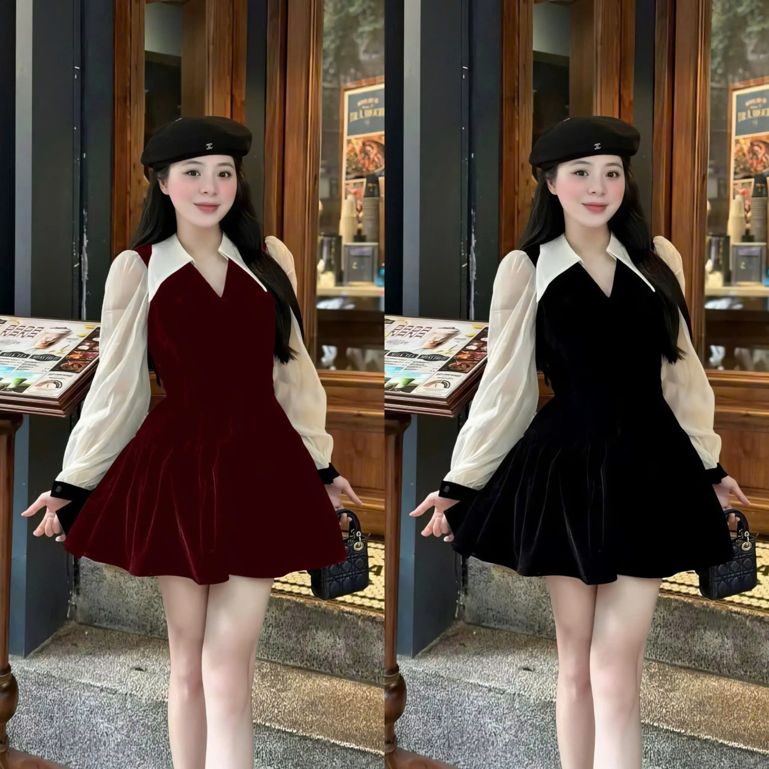 D725 ĐẦM NHUNG CỔ V THIẾT KẾ BIGSIZE PHỐI VOAN DÁNG NGẮN (TÁO ĐỎ BIGSIZE 55-90KG)